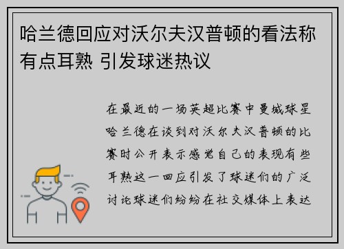 哈兰德回应对沃尔夫汉普顿的看法称有点耳熟 引发球迷热议