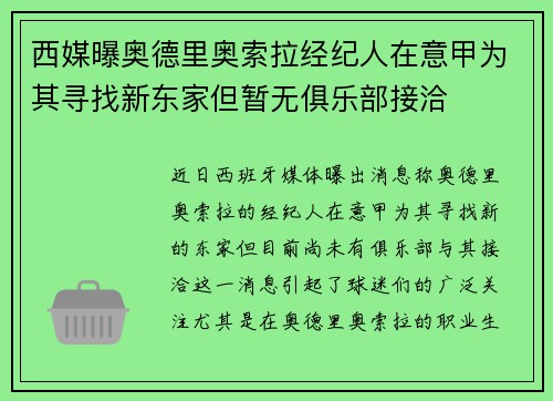 西媒曝奥德里奥索拉经纪人在意甲为其寻找新东家但暂无俱乐部接洽